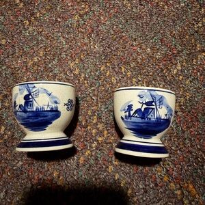 Blue and White Delft-Style Ceramic Egg Cups - Set of 2